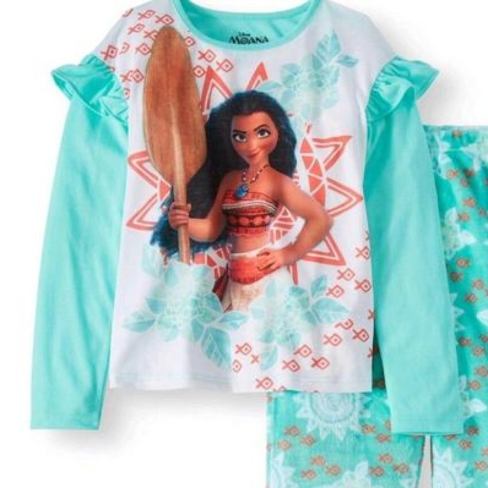 DISNEY Moana White & Teal Blue Ruffle Long Sleeve Shirt | Size 7/8